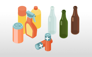 Cartoon of recyclable bottles, cans and batteries