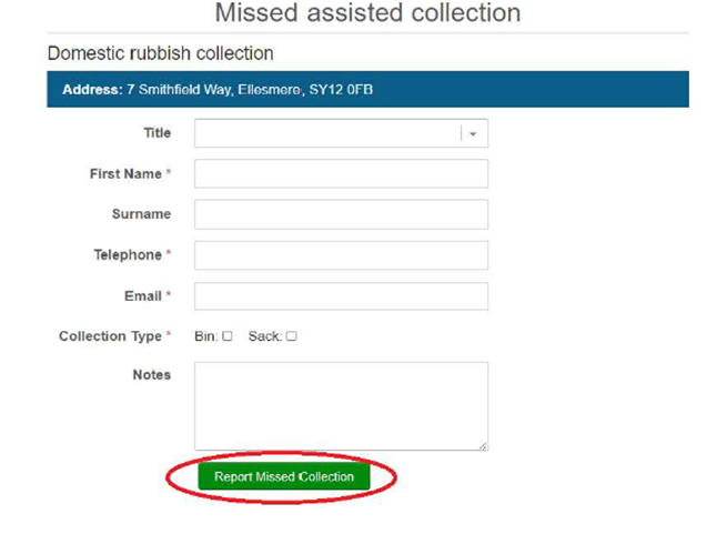 Missed assisted collection form screen dump