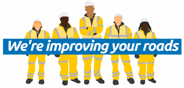Workmen with 'We're improving your roads' banner