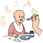 An illustration of a happy baby, trying solid foods.
